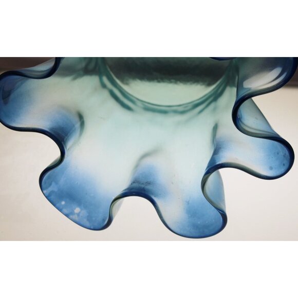 MC Handkerchief Ombre Blue Glass Vase Ruffle Wave Beach Summer Wide Bowl Ocean - Picture 5 of 11